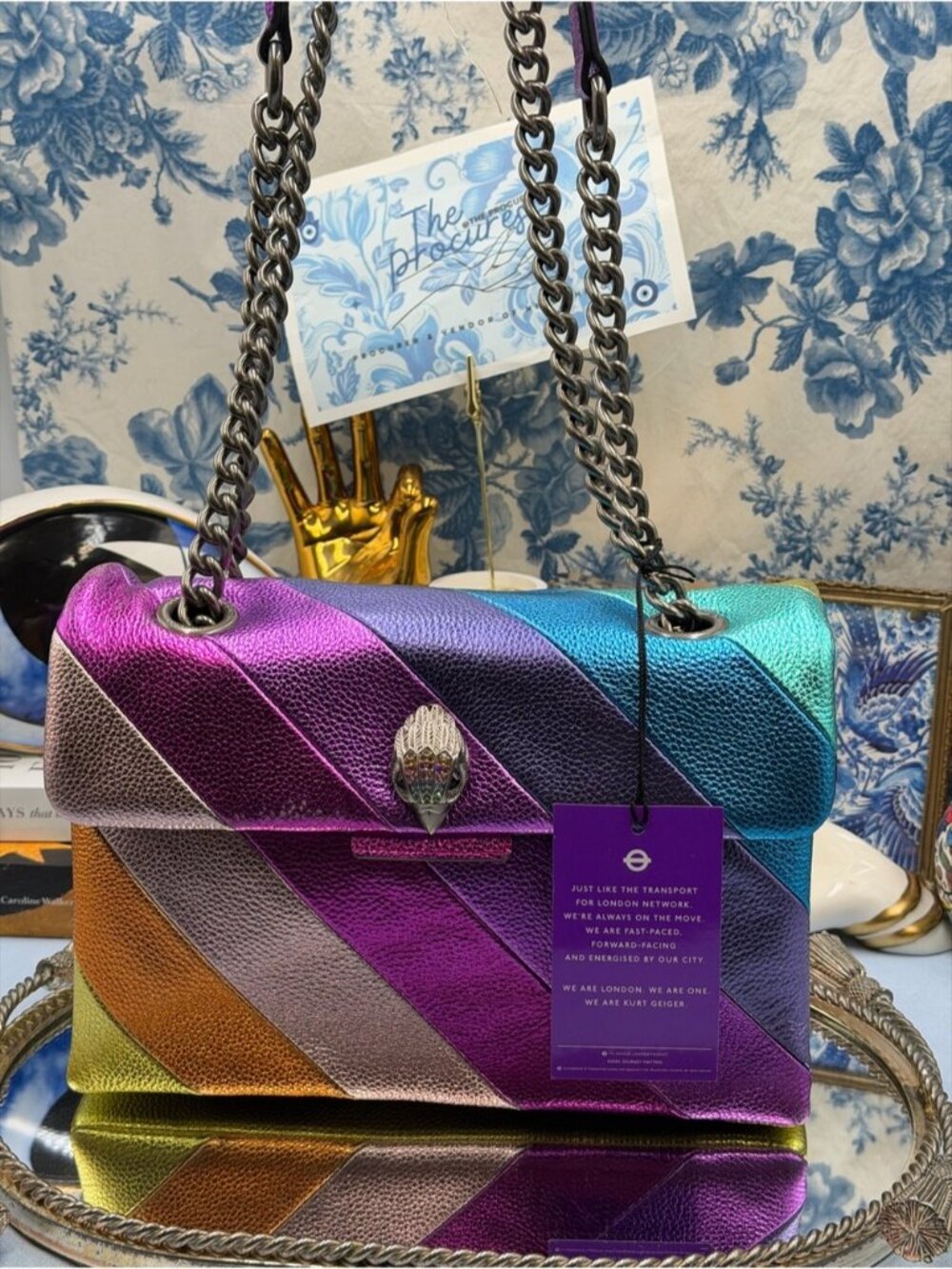 🆕 KURT GEIGER LONDON 🧿 NWT Leather Kensington Bag, Metallic Rainbow Stipe